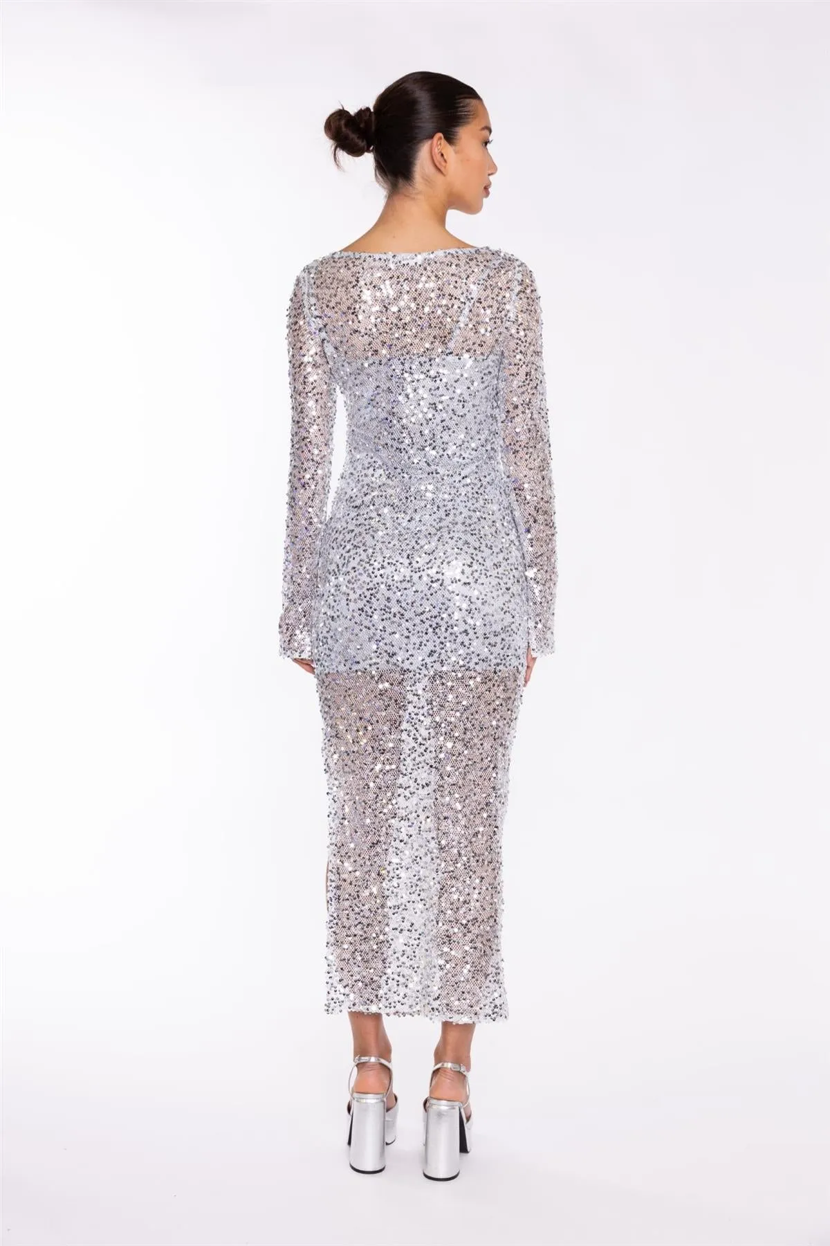 Silver Sequin-Mesh V-neck Maxi-Dress