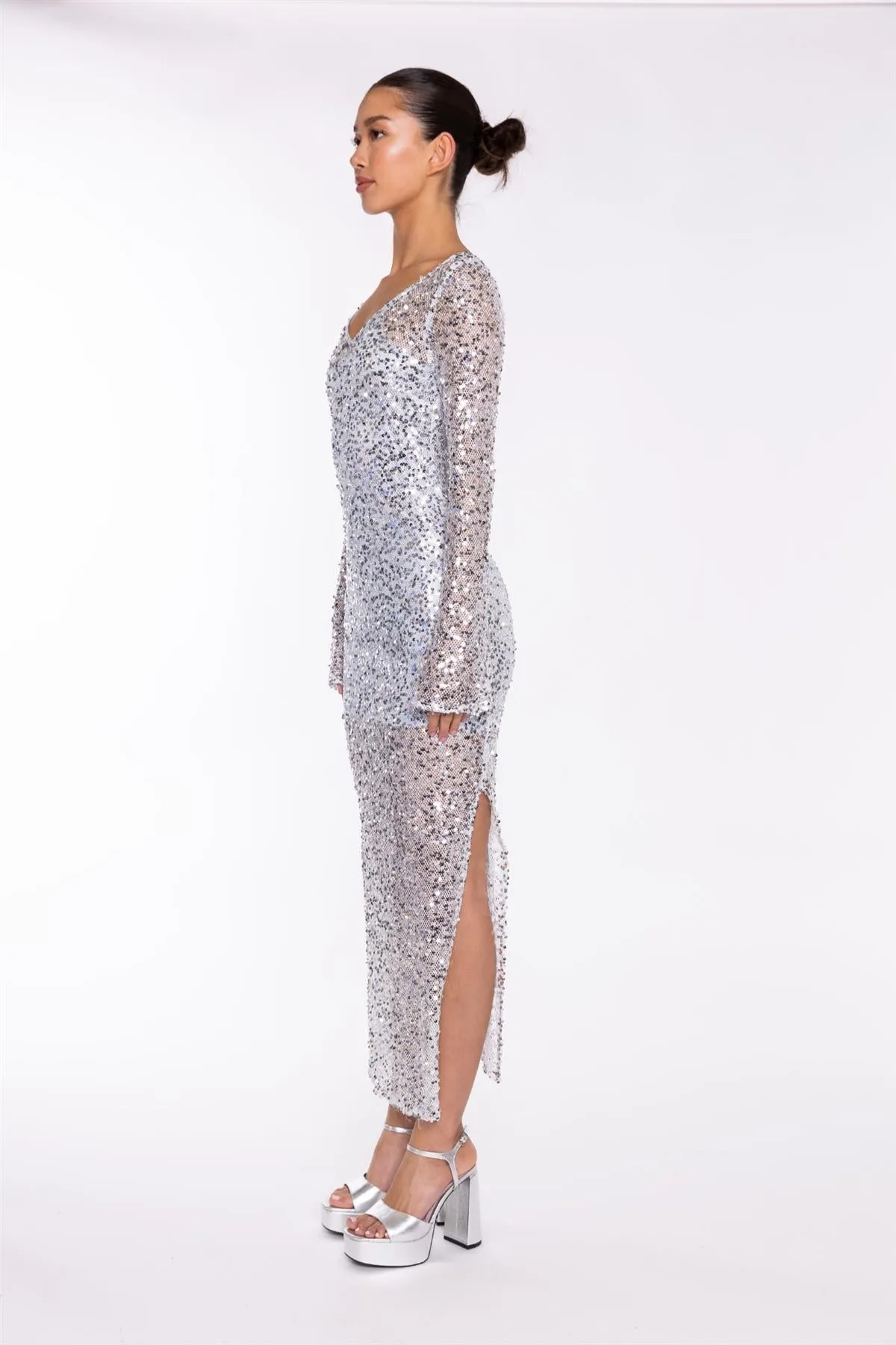 Silver Sequin-Mesh V-neck Maxi-Dress