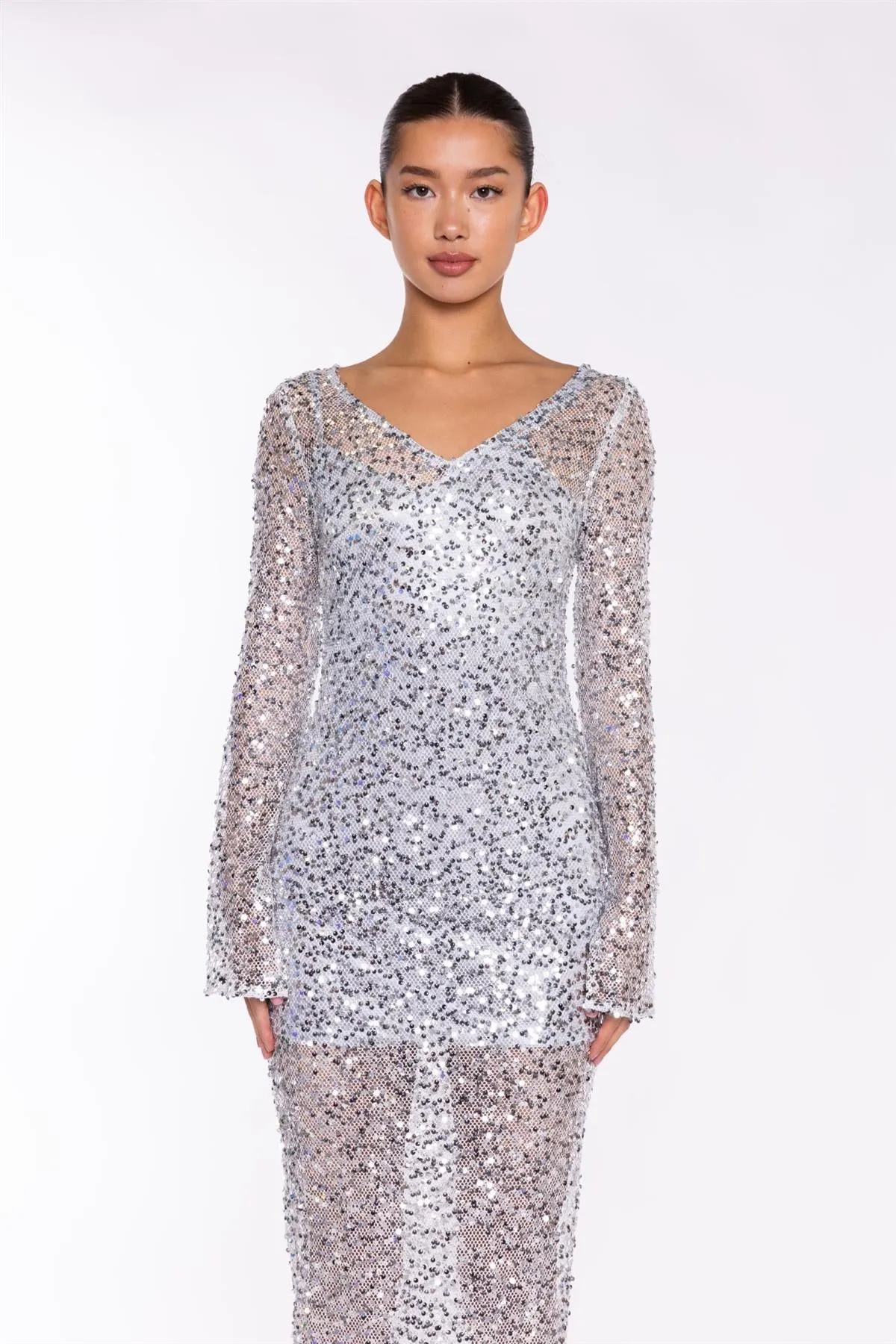 Silver Sequin-Mesh V-neck Maxi-Dress