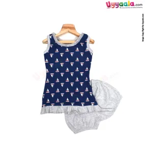 Sleeveless Baby Frock with Bloomer, Premium Quality Cotton Fabric, Sail Boat Print - Navy Blue