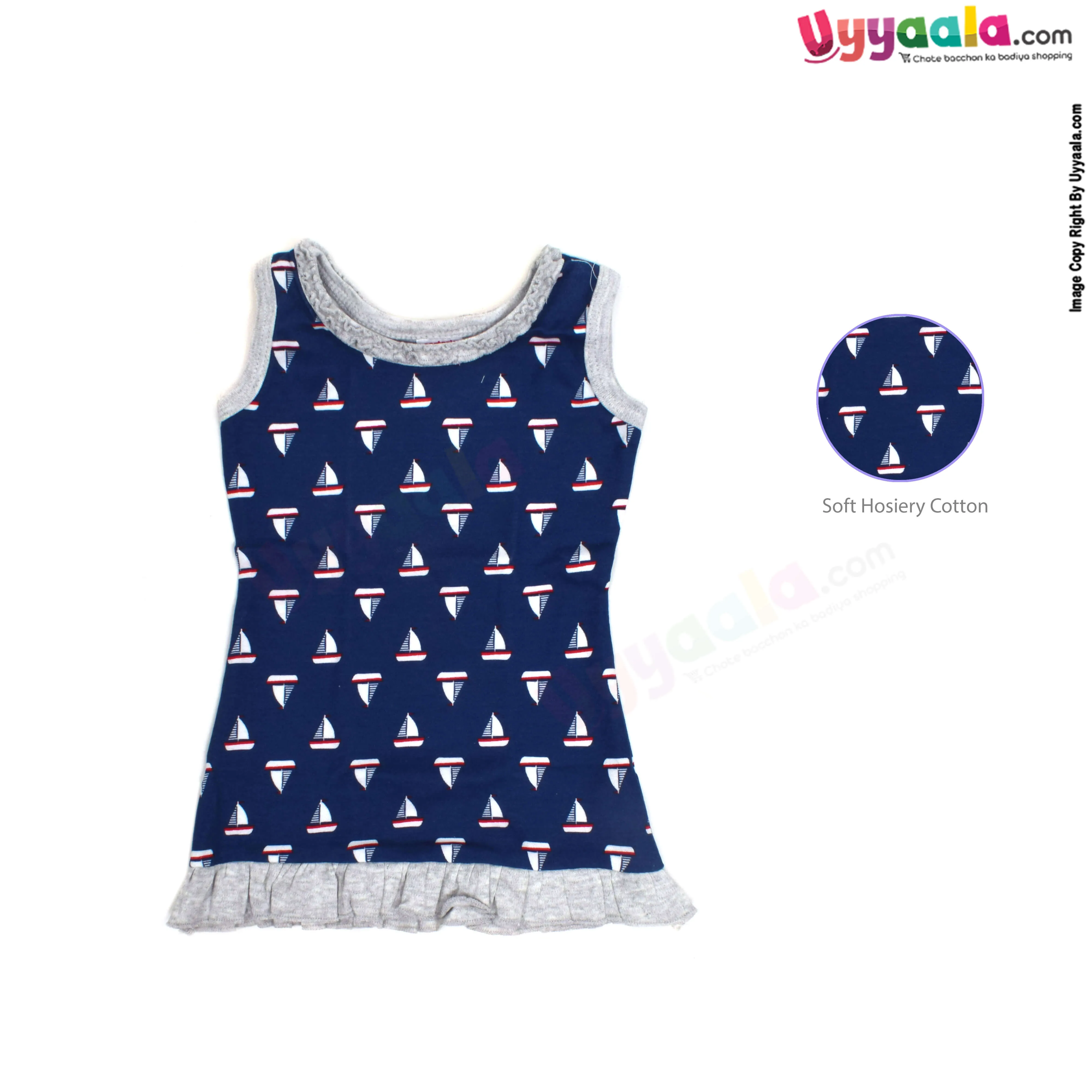 Sleeveless Baby Frock with Bloomer, Premium Quality Cotton Fabric, Sail Boat Print - Navy Blue