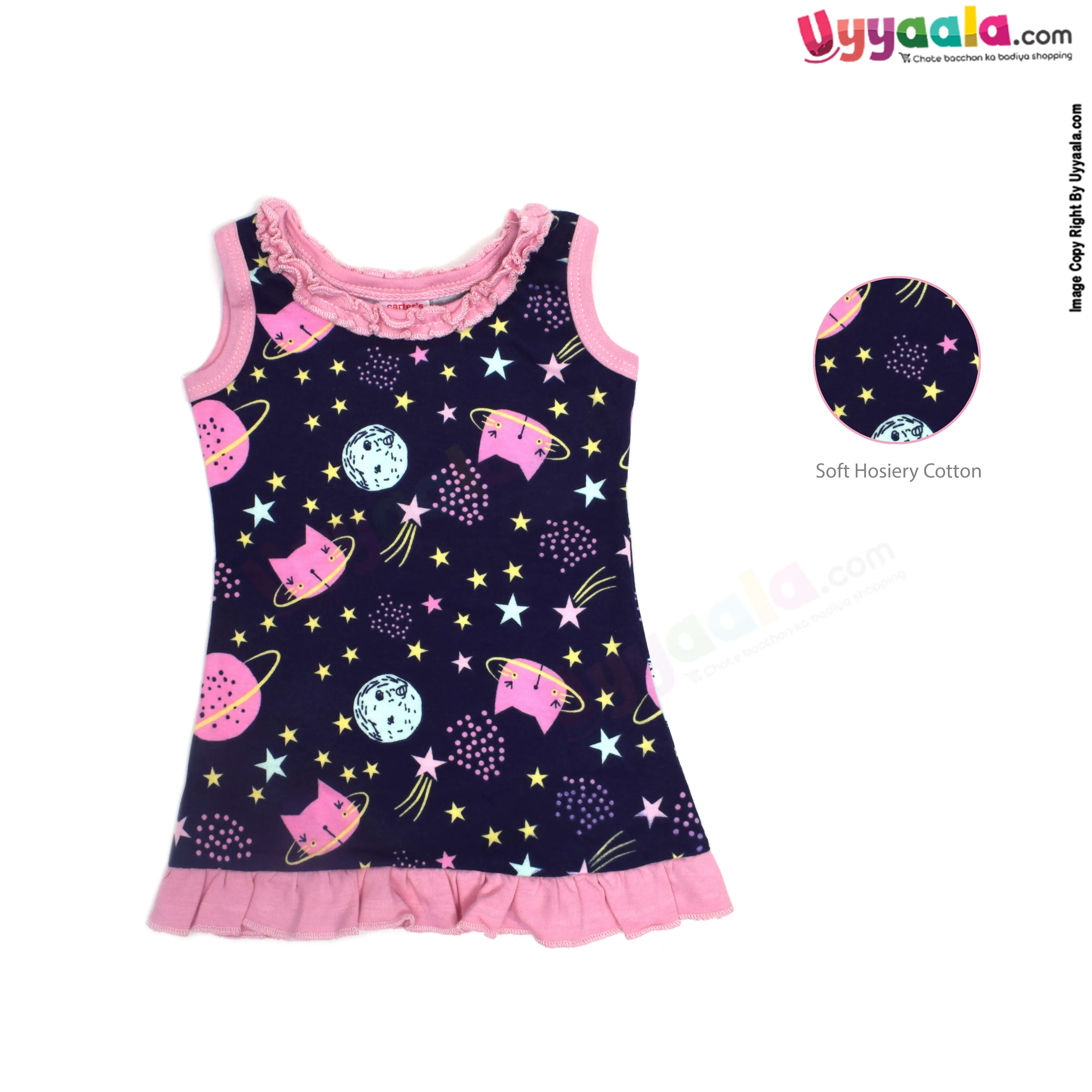 Sleeveless Baby Frock with Bloomer, Premium Quality Cotton Fabric, Stars & Planet Print - Violet