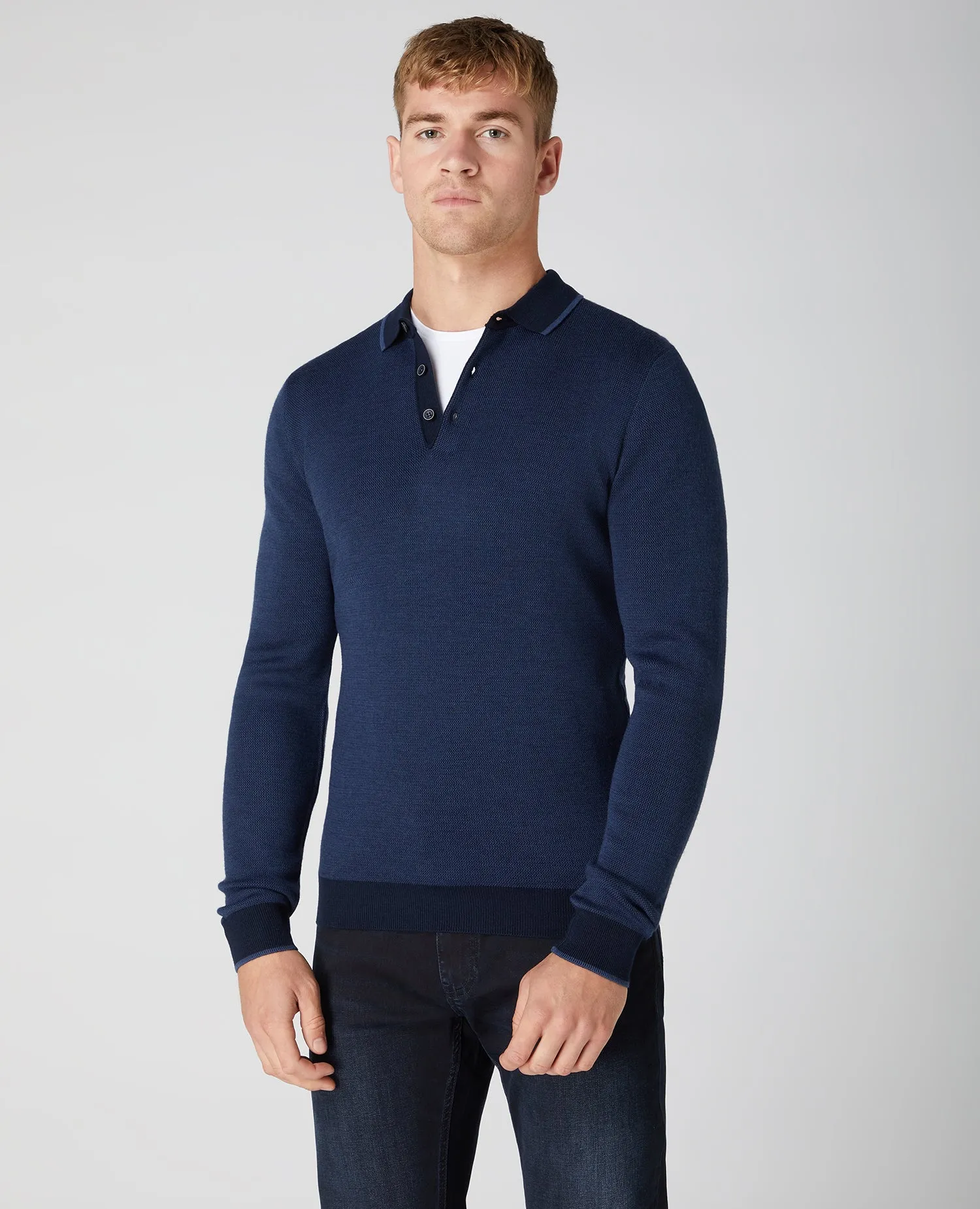 Slim Fit Merino Wool-Blend Long Sleeve Knitted Polo