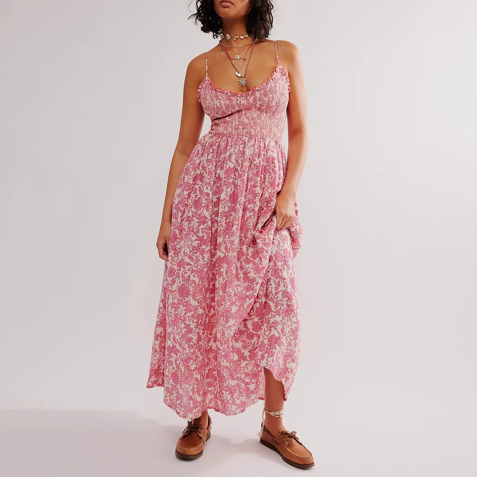 Slip Spaghetti Straps Backless Floral Swing Long Cocktail Summer Boho Dress