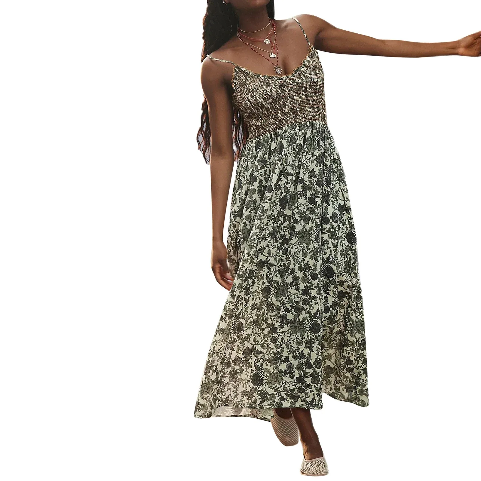 Slip Spaghetti Straps Backless Floral Swing Long Cocktail Summer Boho Dress