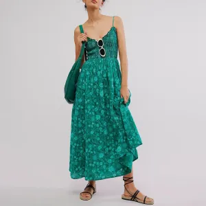 Slip Spaghetti Straps Backless Floral Swing Long Cocktail Summer Boho Dress