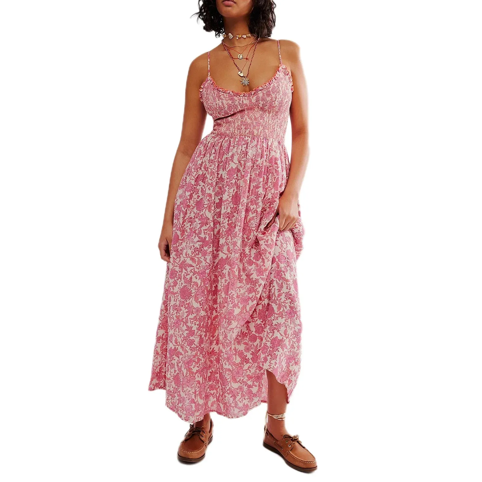 Slip Spaghetti Straps Backless Floral Swing Long Cocktail Summer Boho Dress