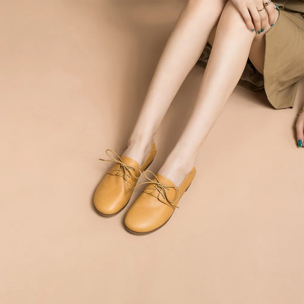 Soft Leather Lace Up Flats Women Yellow/White/Pink