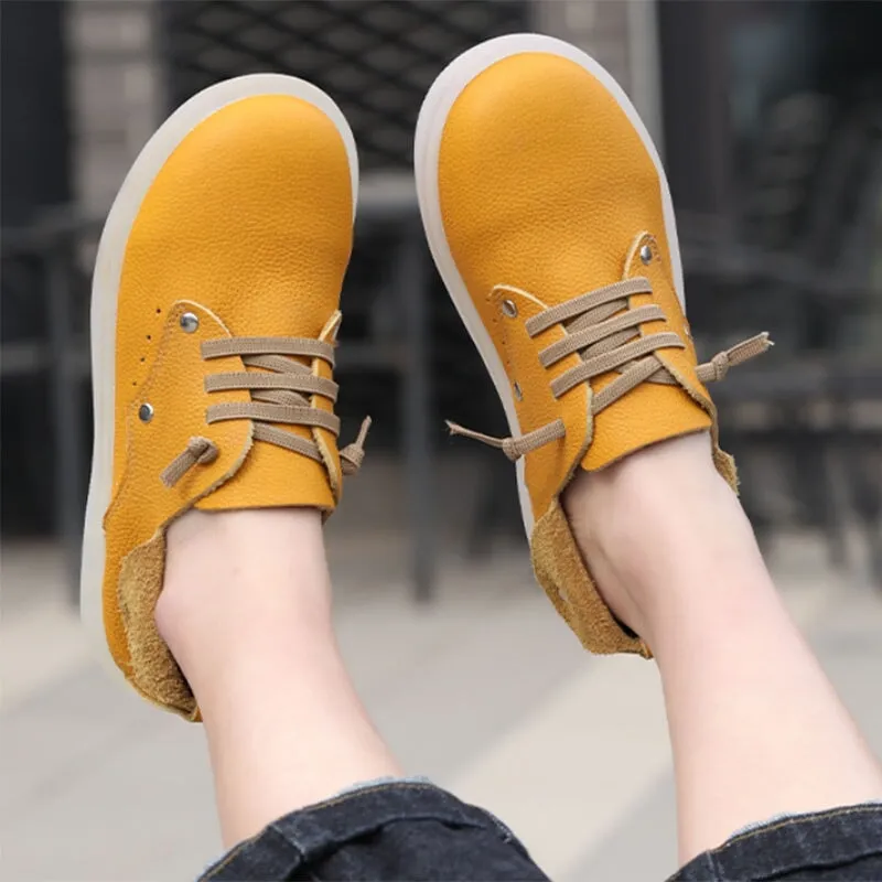 Soft Leather Sneakers For Women Soft Jelly Bottom Handmade in White/Yellow/Coffee