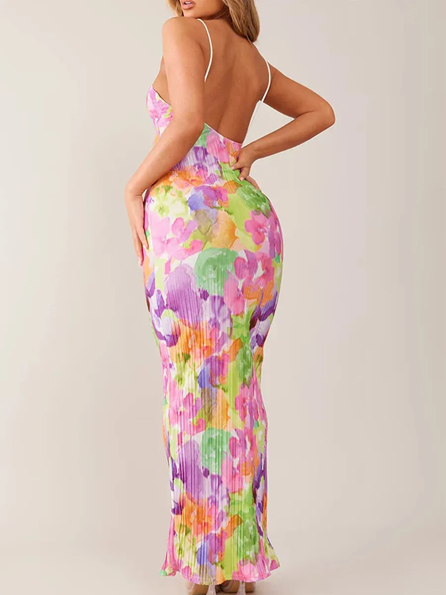 Spaghetti Straps Backless Flower Tie-dye Print Solid Cocktail Summer Long Casual Slip Dress