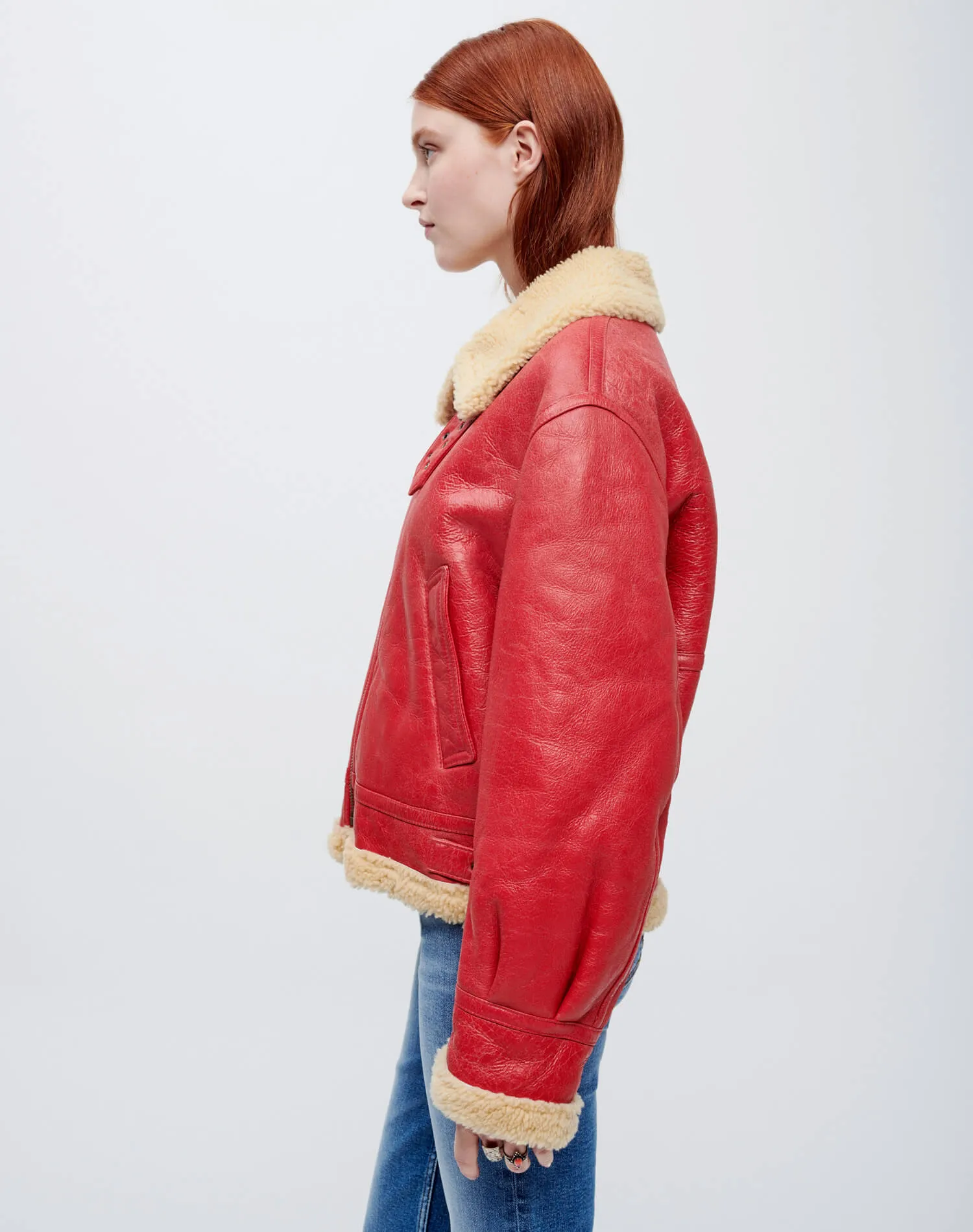 Suede Shearling Aviator Jacket - Red