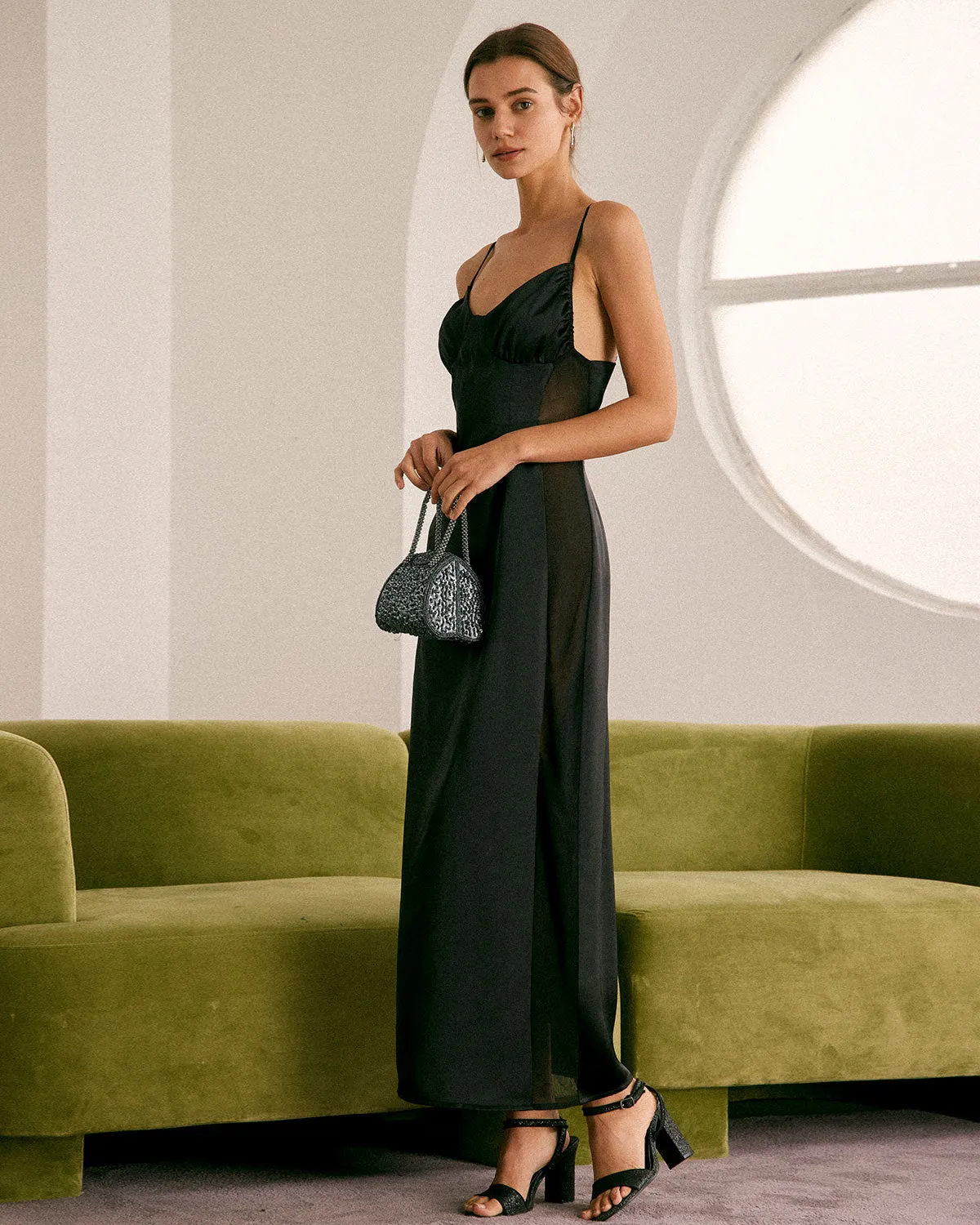 The Black V Neck Mesh Satin Slip Maxi Dress