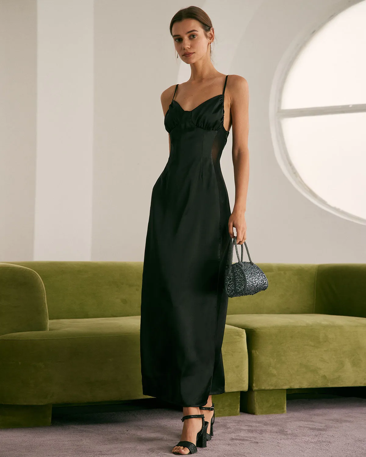 The Black V Neck Mesh Satin Slip Maxi Dress