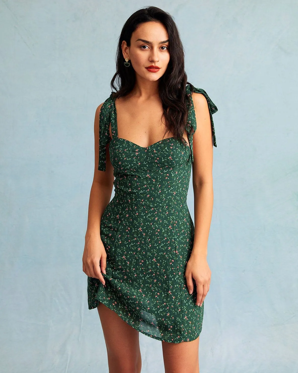 The Green Sweetheart Neck Floral Slip Mini Dress