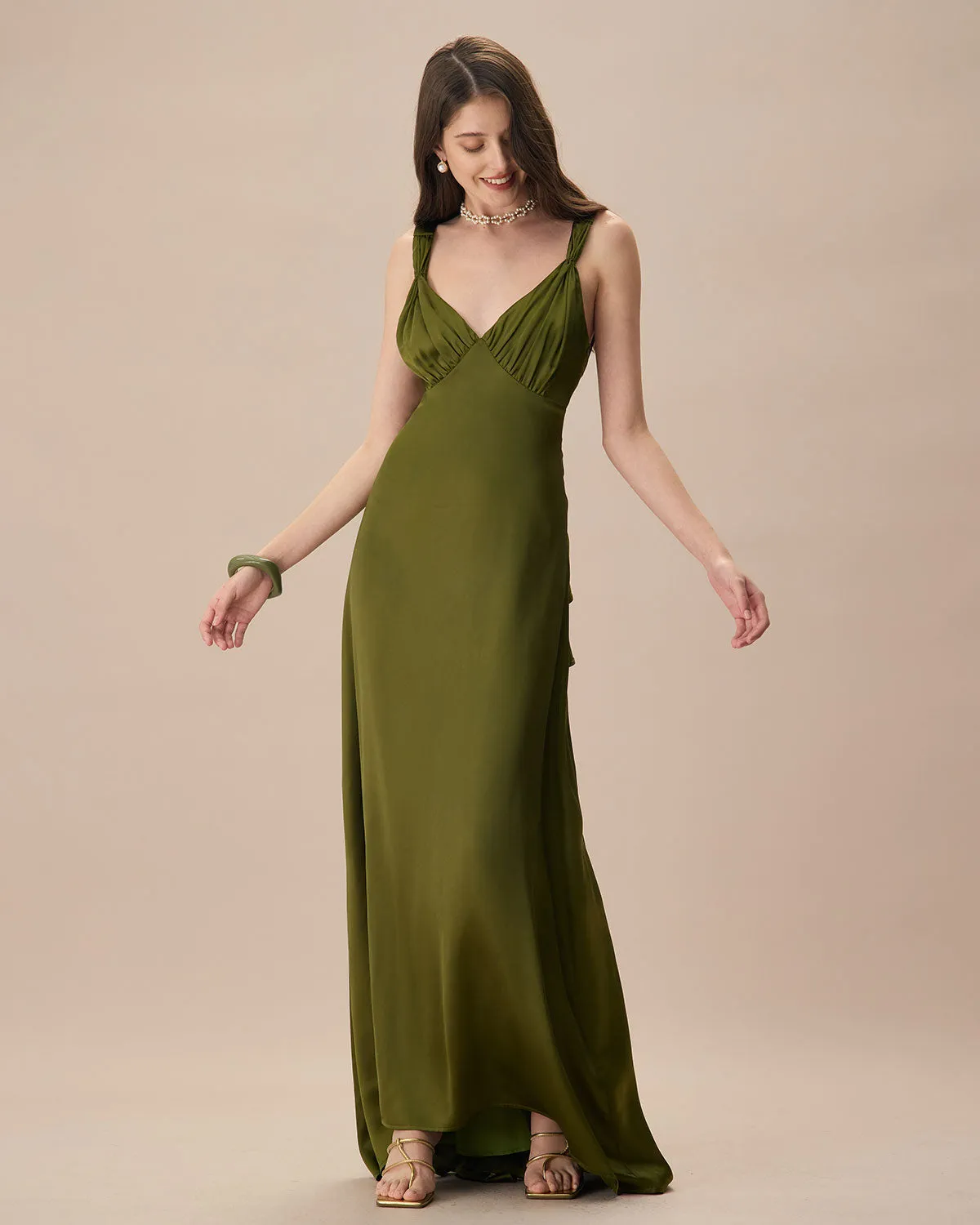 The Green V Neck Ruched Satin Maxi Dress