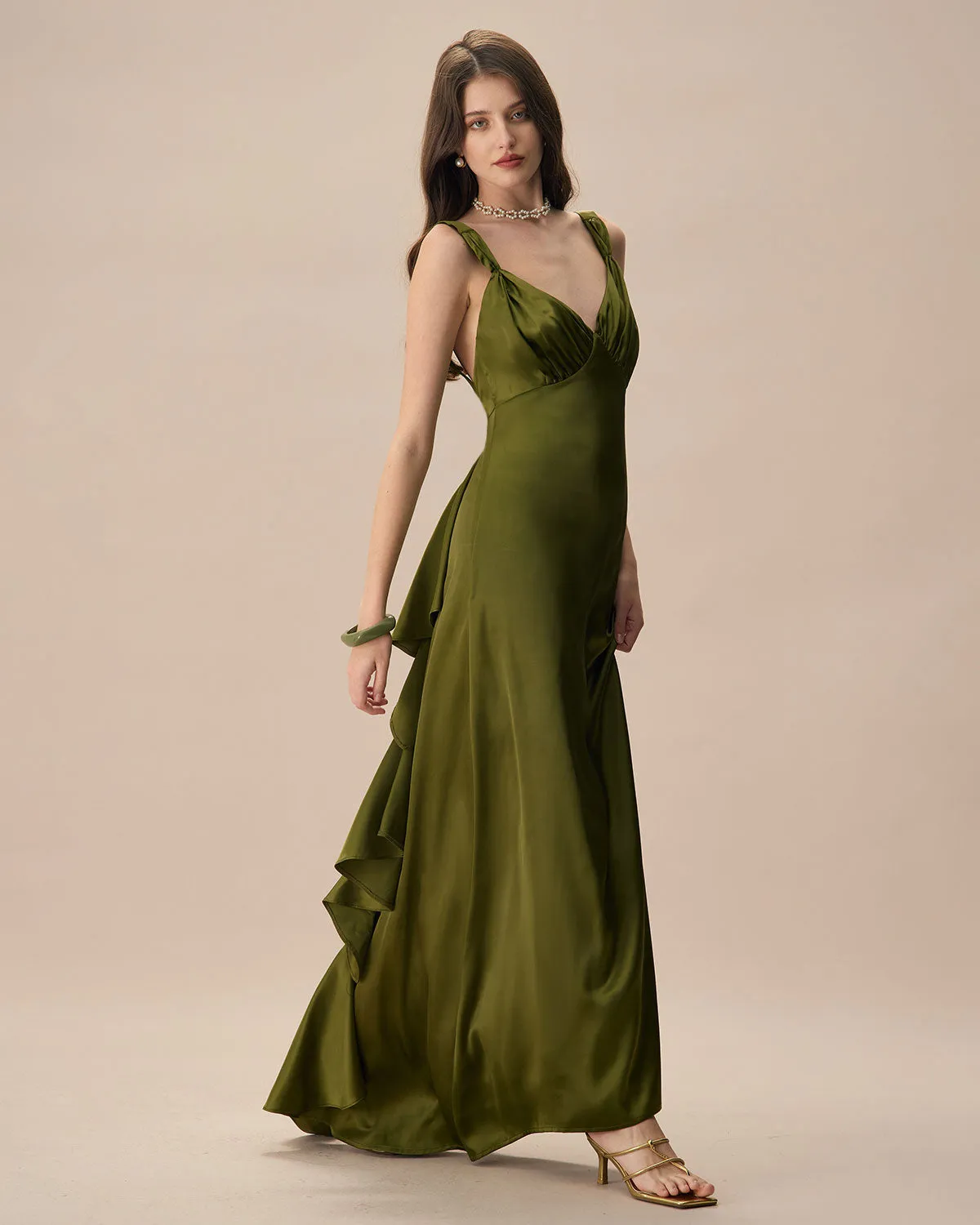 The Green V Neck Ruched Satin Maxi Dress