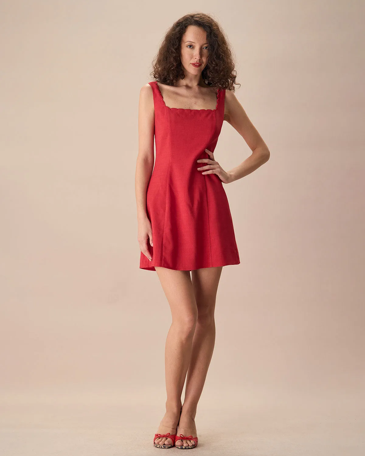 The Red Square Neck Scalloped Mini Dress