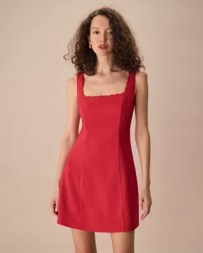 The Red Square Neck Scalloped Mini Dress