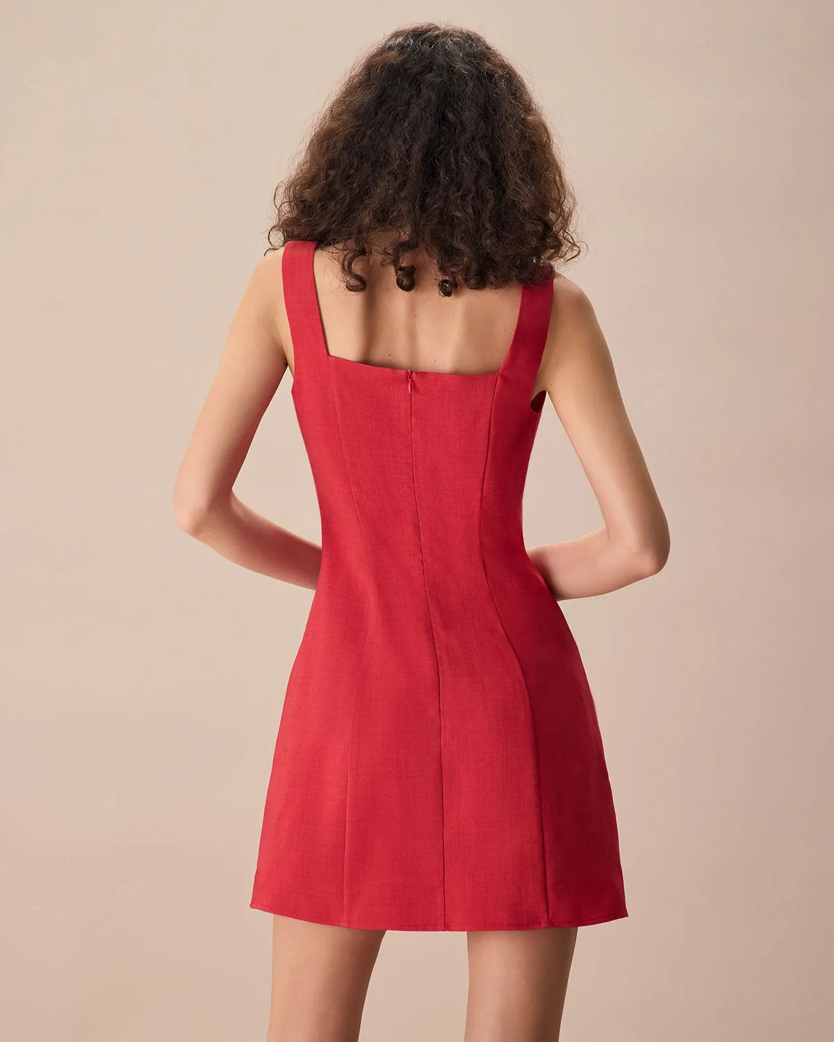 The Red Square Neck Scalloped Mini Dress