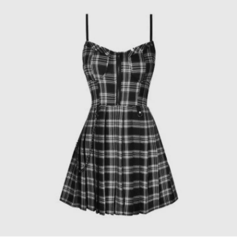 VenusFox Women's Goth Dress Gothic Harajuku Red Plaid Punk Rave Mini Slip Dress Emo Accessories Summer Sundress Fashion Women