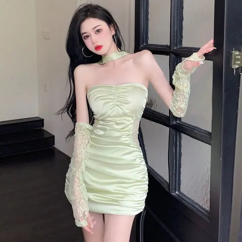 Wenkouban Women's Pleated Tube Dress and Sleeve Set, Mini Dress, Slim Fit, Sexy, Party, Club, Bar, Hot Girl, Summer Fashion, 2024