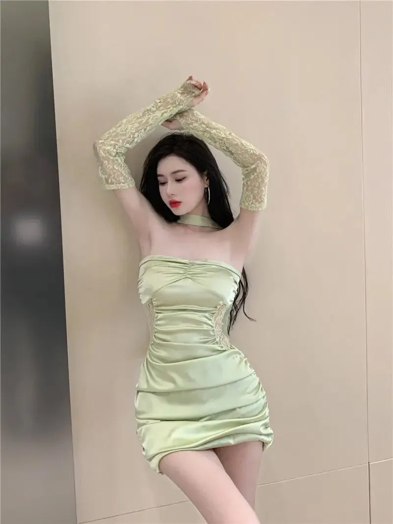 Wenkouban Women's Pleated Tube Dress and Sleeve Set, Mini Dress, Slim Fit, Sexy, Party, Club, Bar, Hot Girl, Summer Fashion, 2024