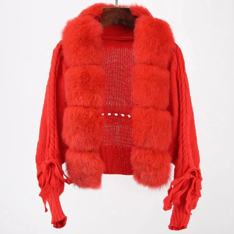 Women short warm loose knitted jacket with natural fur placket coat