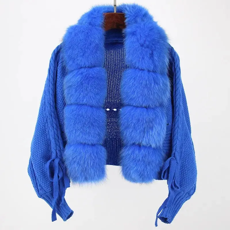 Women short warm loose knitted jacket with natural fur placket coat