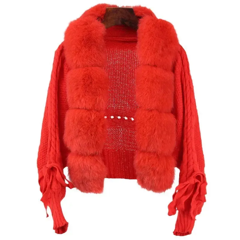 Women short warm loose knitted jacket with natural fur placket coat