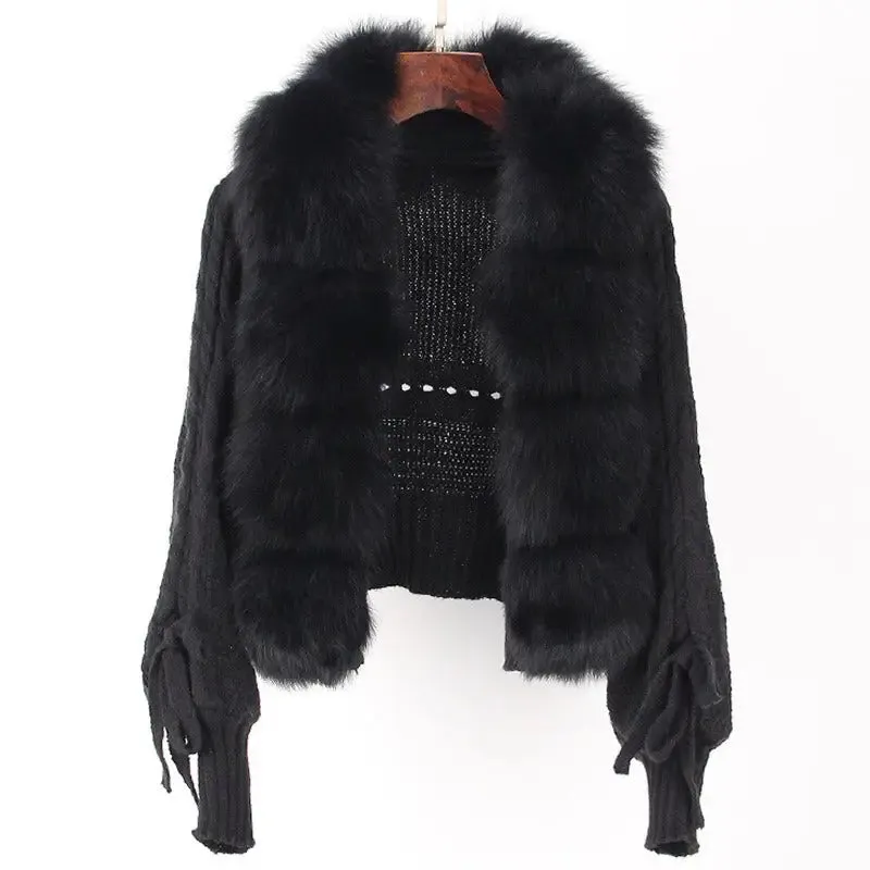 Women short warm loose knitted jacket with natural fur placket coat