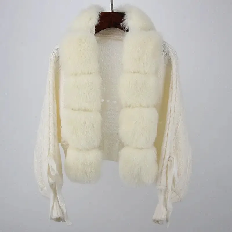 Women short warm loose knitted jacket with natural fur placket coat