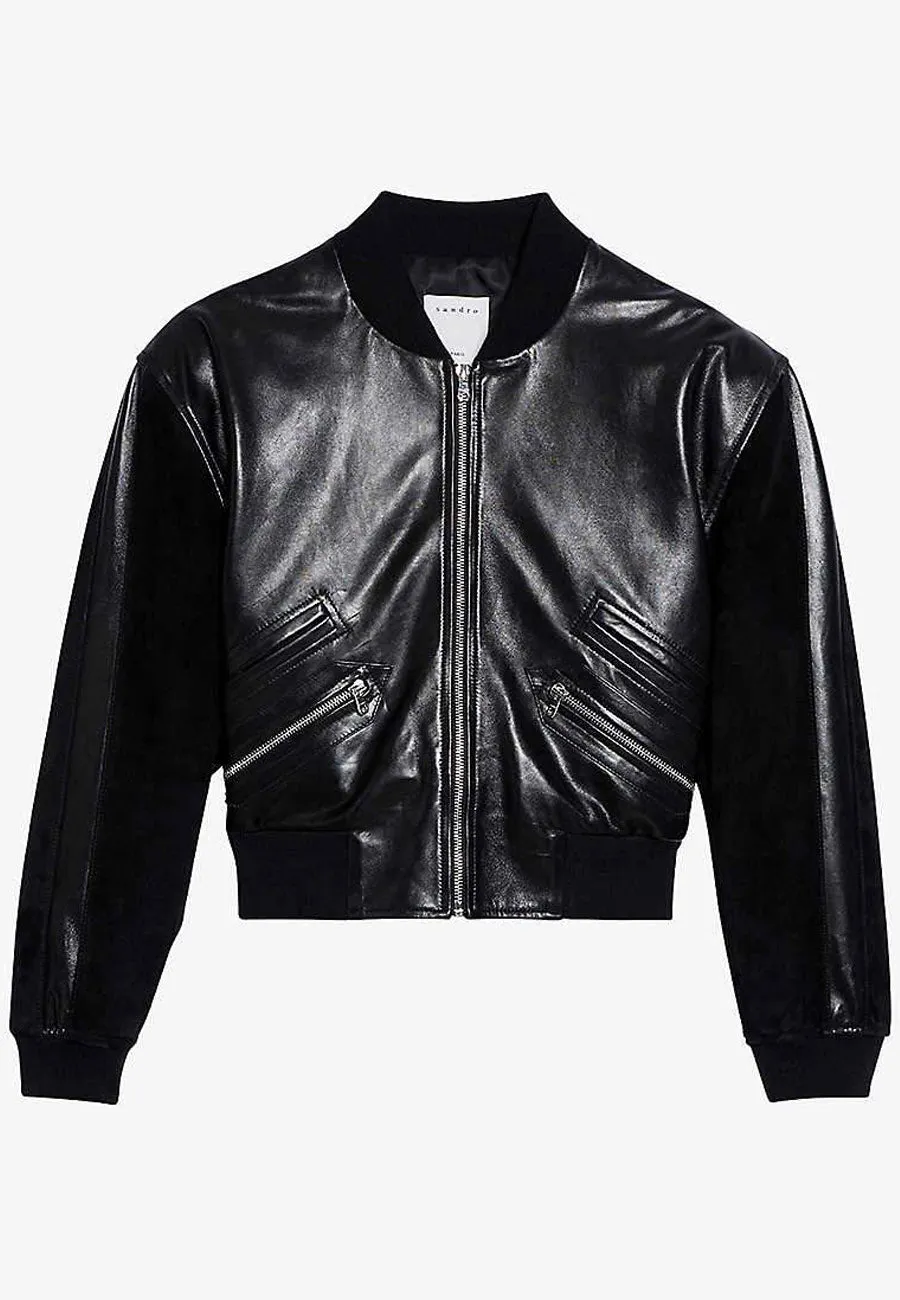 Women's Black Leather Bomber Jacket