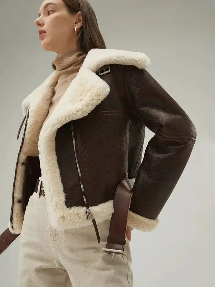 Women's Dark Brown Leather Shearling Coat Aviator Jacket