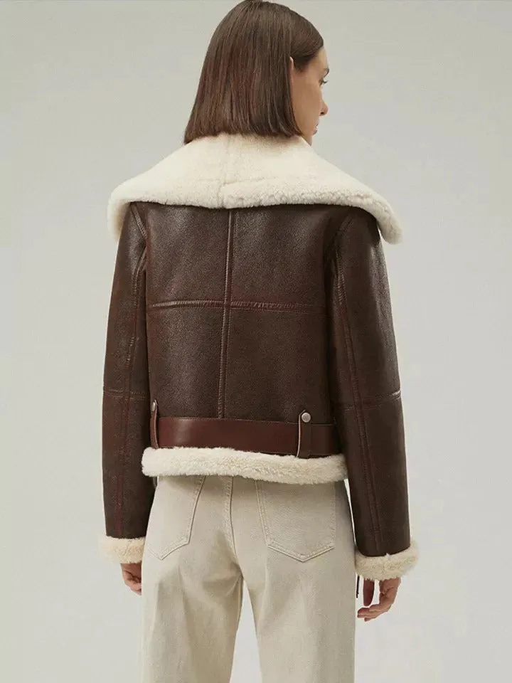 Women's Dark Brown Leather Shearling Coat Aviator Jacket