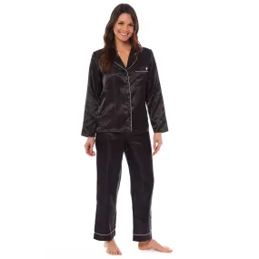 Women's Satin Silk Luxurious Pyjama Set with Dress Shirt Collar and Loose-Fitting Pants in Black Pink Grey by Daisy Dreamer