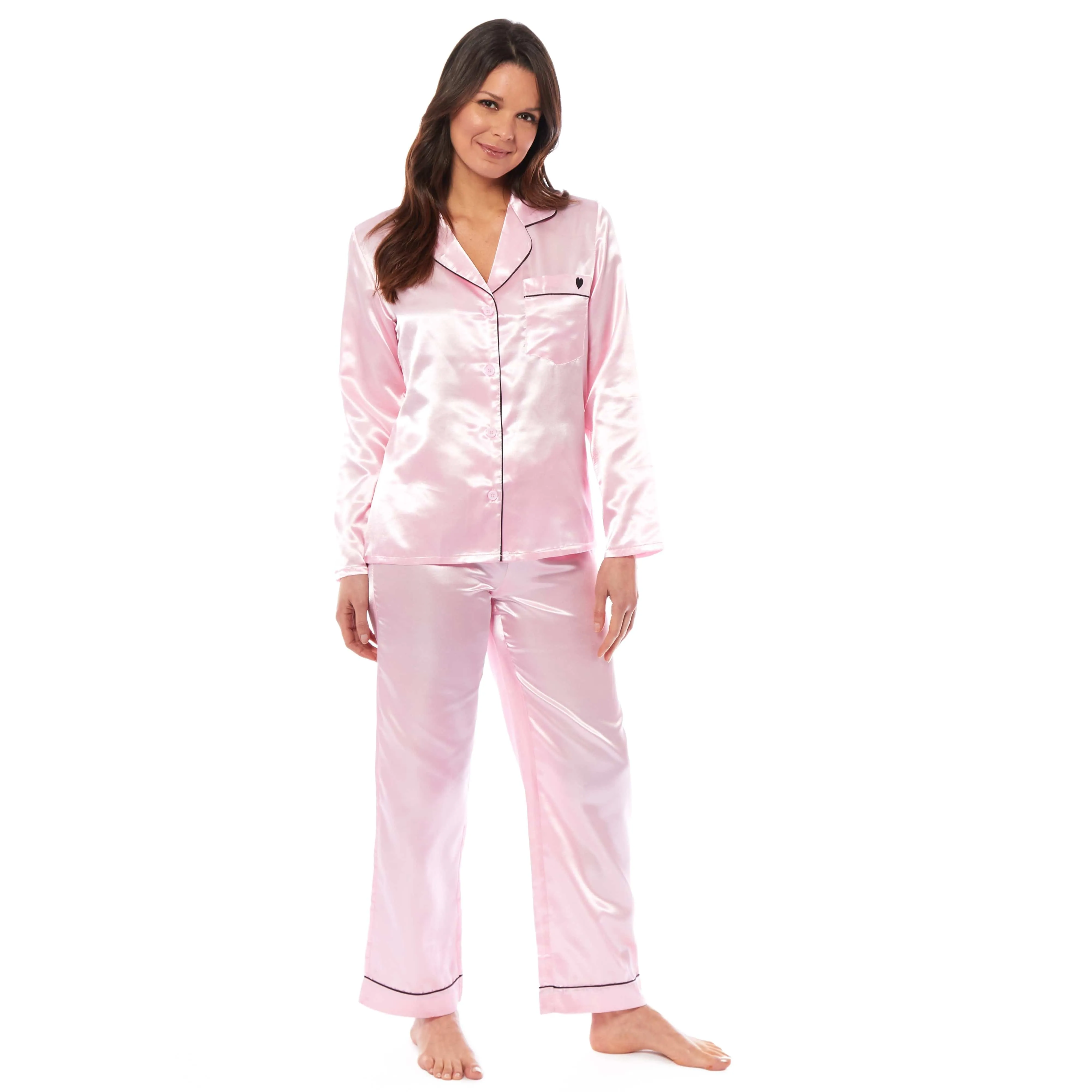 Women's Satin Silk Luxurious Pyjama Set with Dress Shirt Collar and Loose-Fitting Pants in Black Pink Grey by Daisy Dreamer