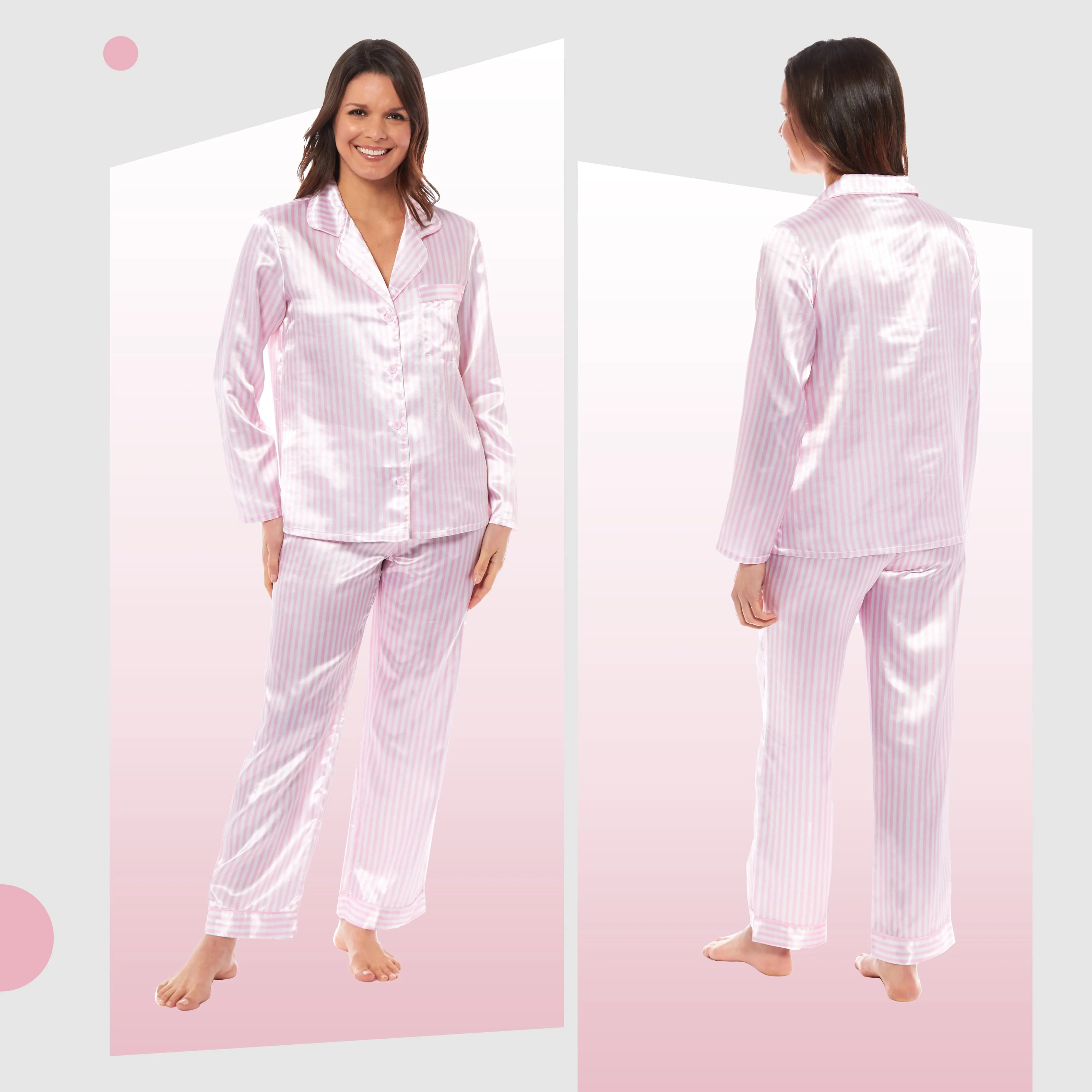 Women's Satin Silk Luxurious Pyjama Set with Dress Shirt Collar and Loose-Fitting Pants in Black Pink Grey by Daisy Dreamer