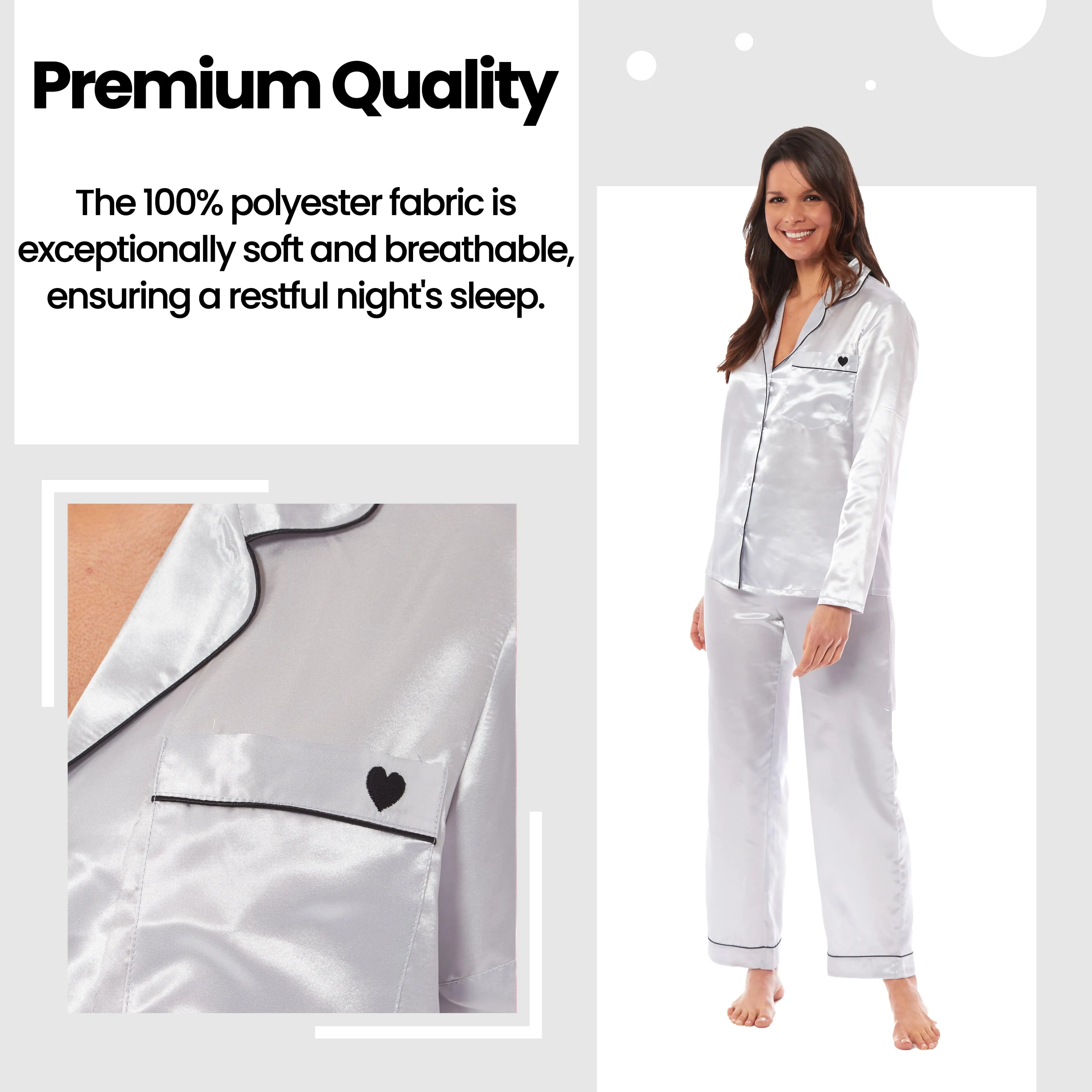 Women's Satin Silk Luxurious Pyjama Set with Dress Shirt Collar and Loose-Fitting Pants in Black Pink Grey by Daisy Dreamer