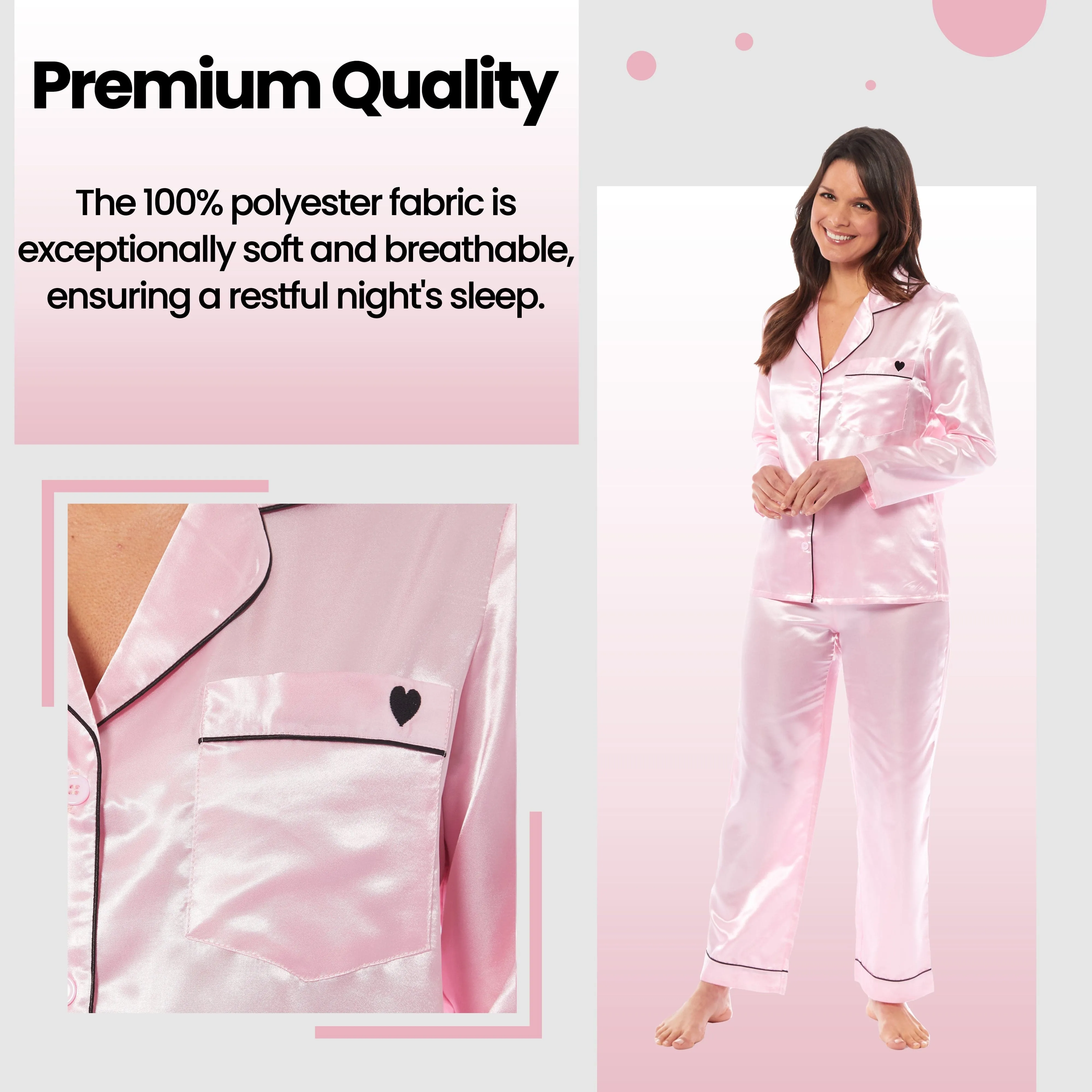 Women's Satin Silk Luxurious Pyjama Set with Dress Shirt Collar and Loose-Fitting Pants in Black Pink Grey by Daisy Dreamer