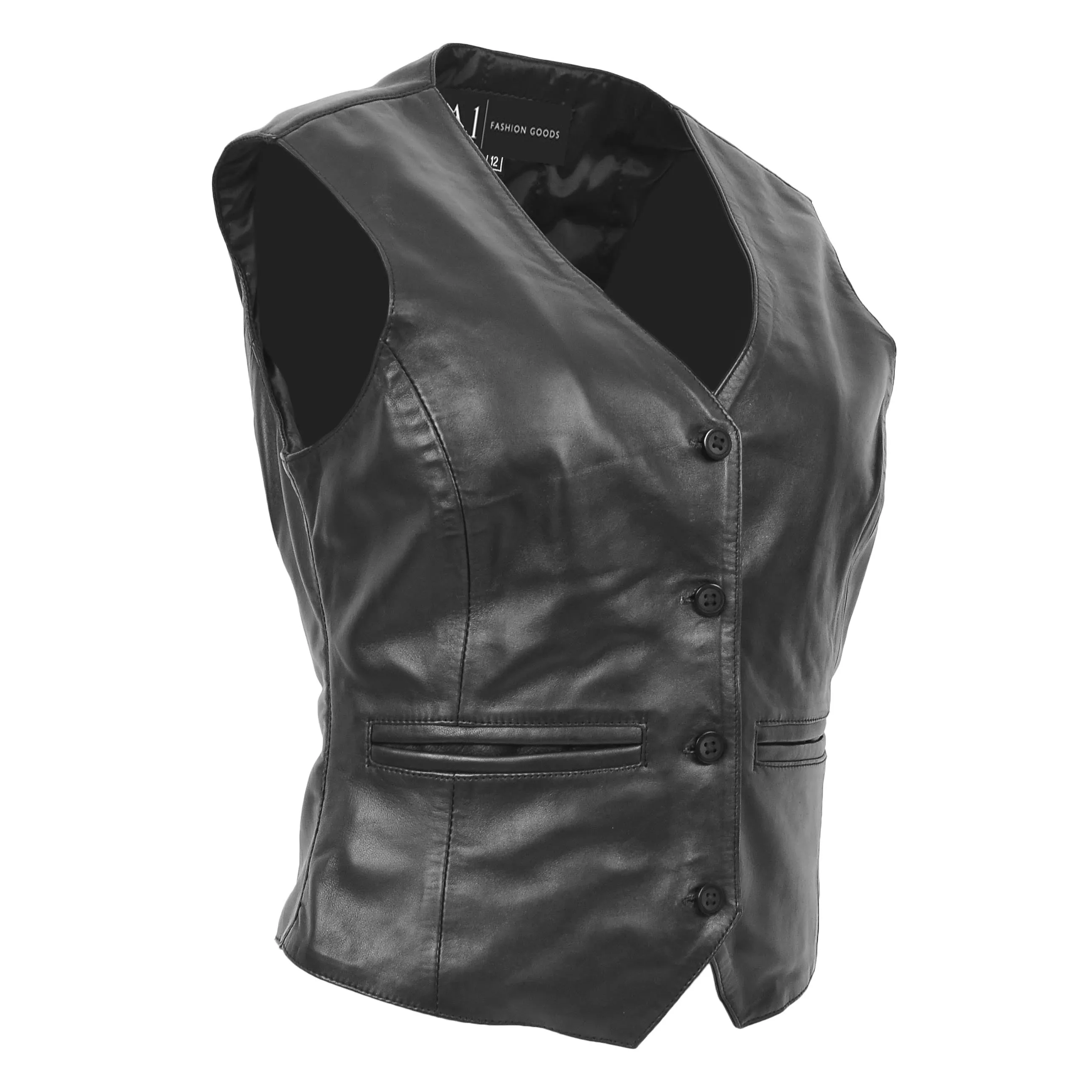 Womens Soft Leather Waistcoat Slim Fit Vest Classic Gilet Katy Black