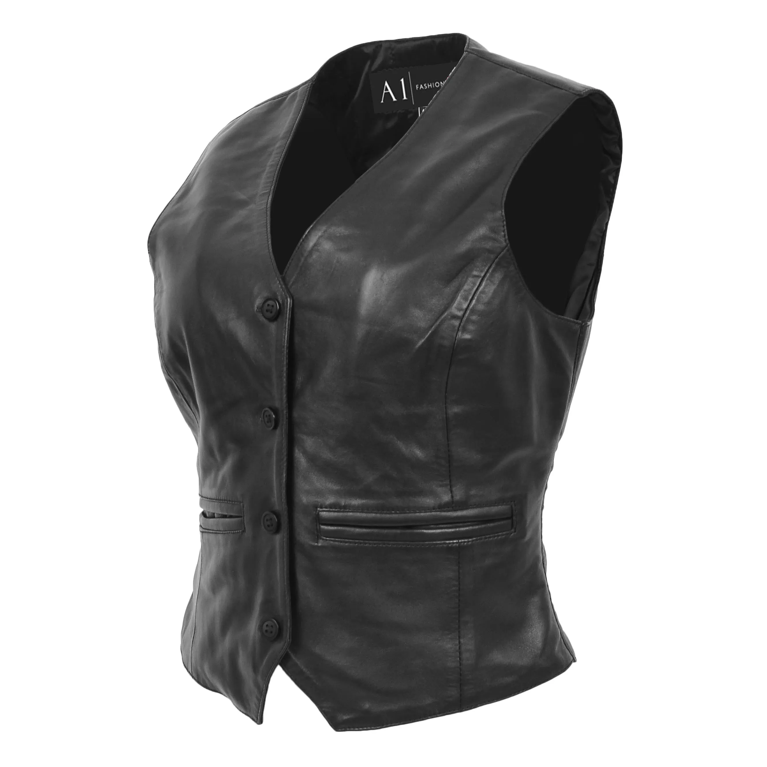 Womens Soft Leather Waistcoat Slim Fit Vest Classic Gilet Katy Black