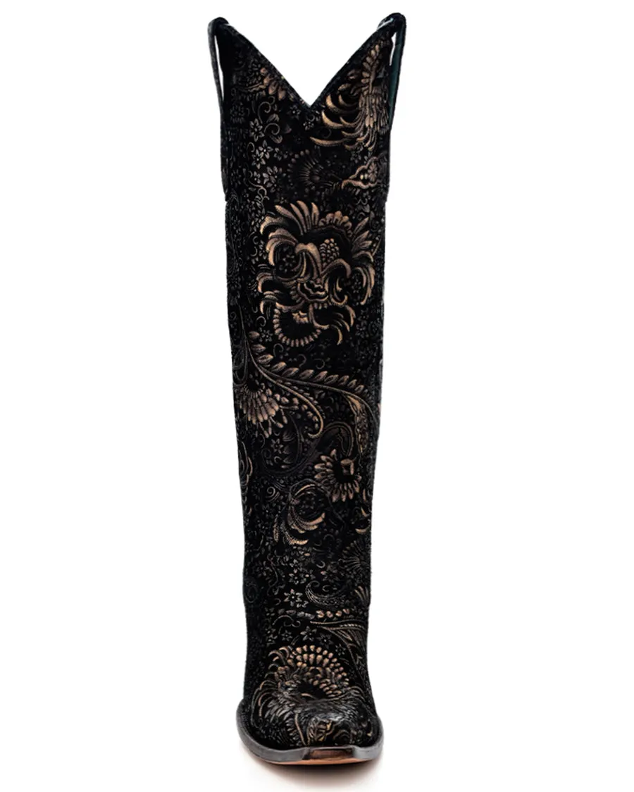 Women's Stamped Floral Suede Tall Top Western Boots