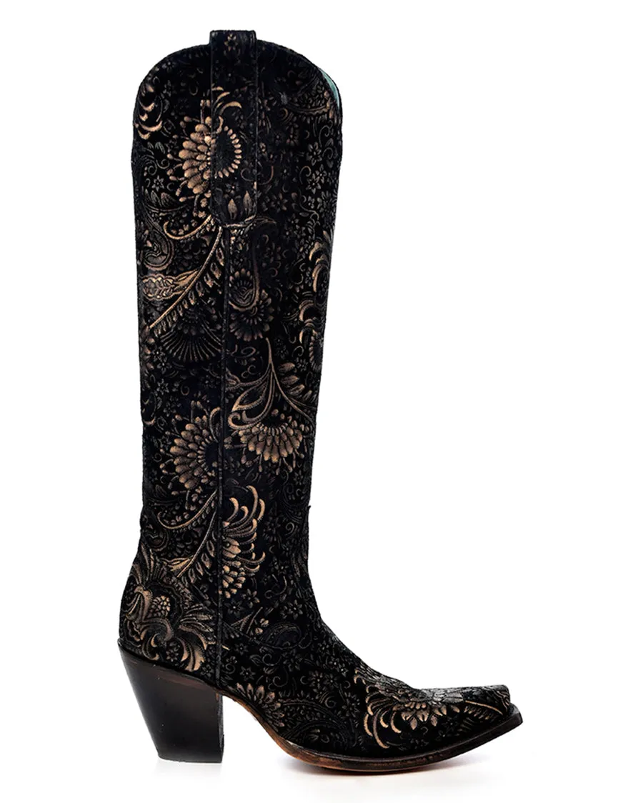 Women's Stamped Floral Suede Tall Top Western Boots