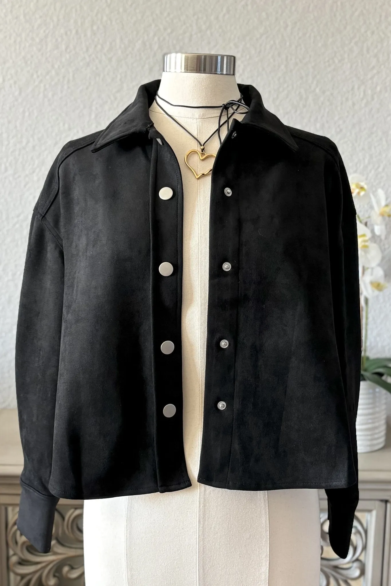 Women's Suede Shirt Jacket Top | Button Down Long Sleeve | Black