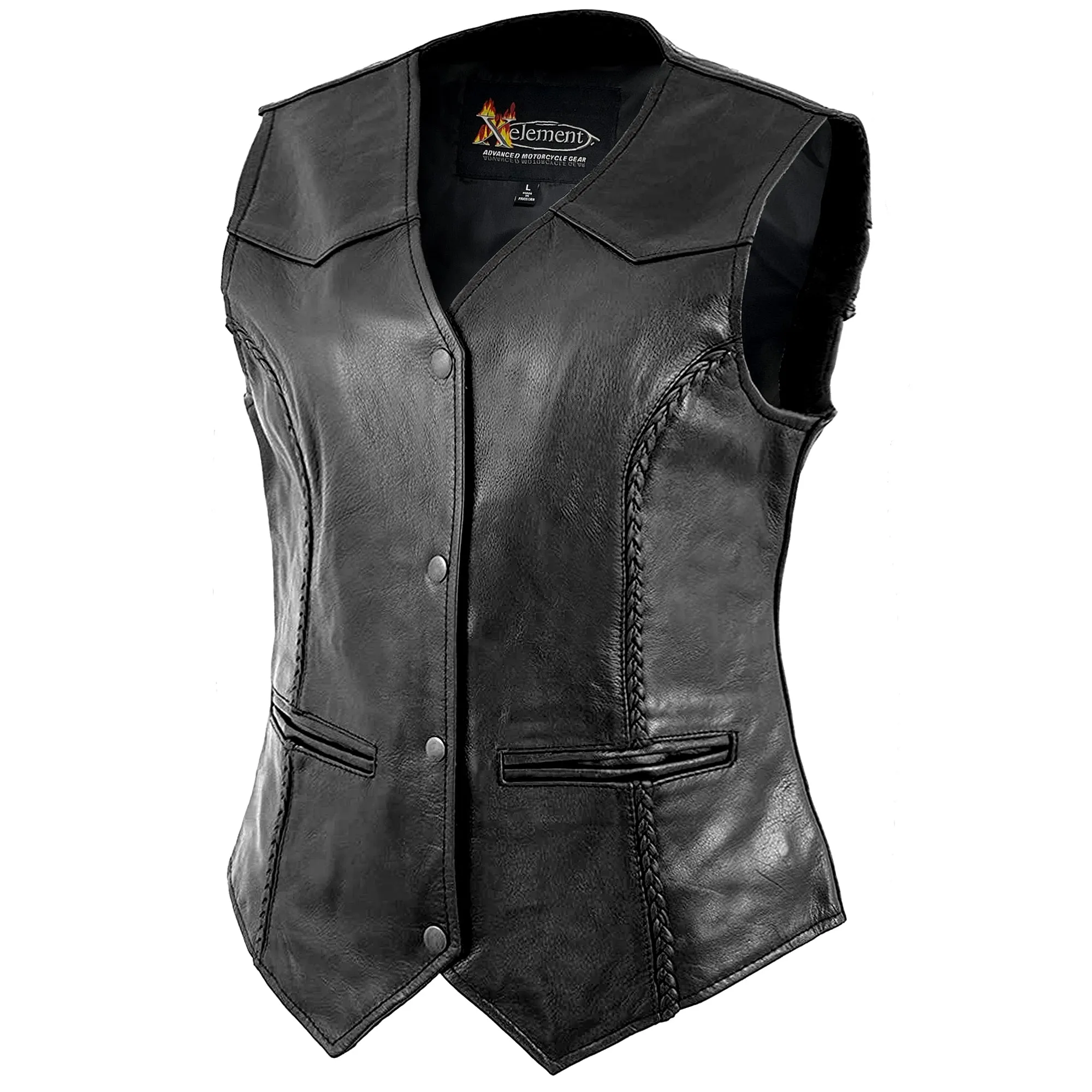 Xelement B340 Black Motorcycle Vest for Womens - Ladies Real Genuine Leather Biker Gilet