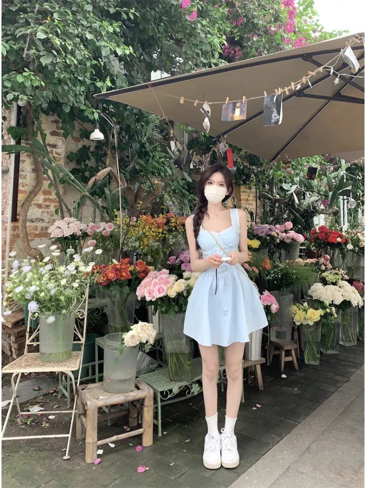 Y2k Fairycore Blue Corset Dress Women Korean Fashion Sweet Lace High Waist Tunic Slip Mini Princess Prom Dresses Summer