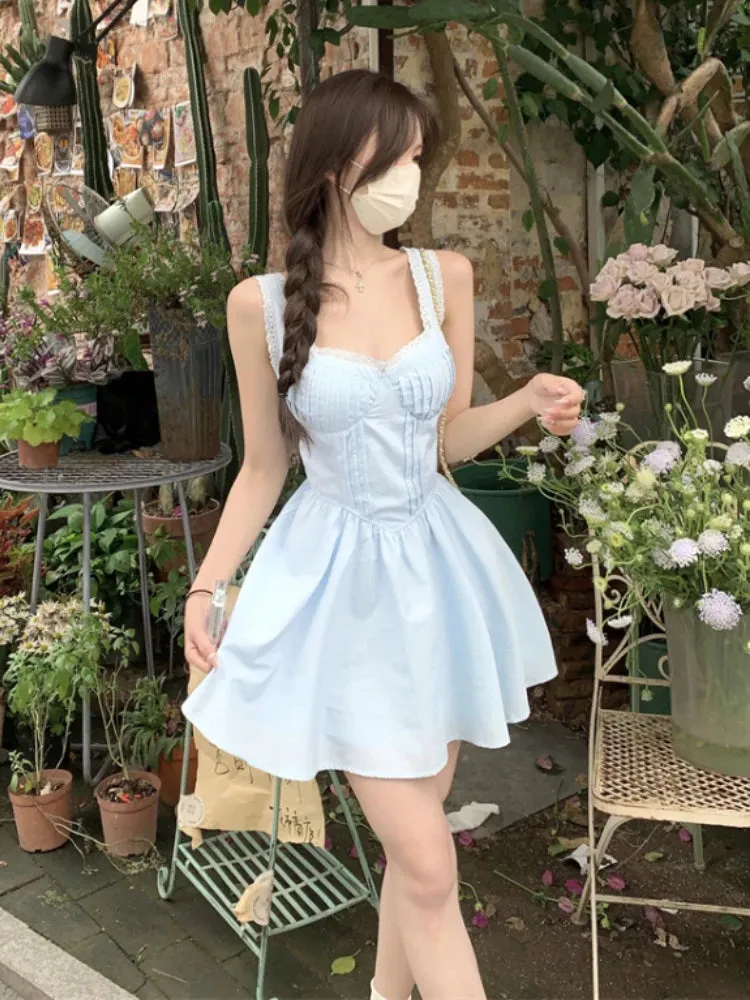 Y2k Fairycore Blue Corset Dress Women Korean Fashion Sweet Lace High Waist Tunic Slip Mini Princess Prom Dresses Summer