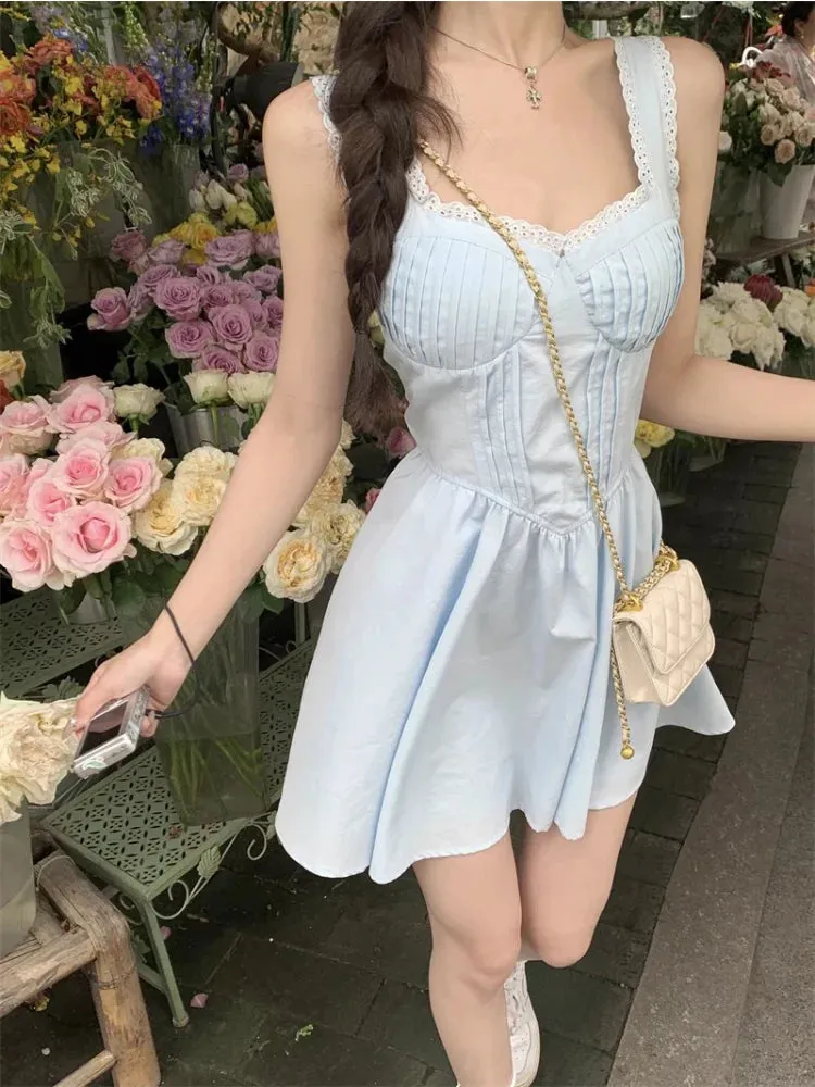 Y2k Fairycore Blue Corset Dress Women Korean Fashion Sweet Lace High Waist Tunic Slip Mini Princess Prom Dresses Summer