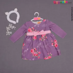 YELLOW DUCK Cotton full sleeve party wear frock for baby girl,back open zip model with bow applique- purple with roses and text print