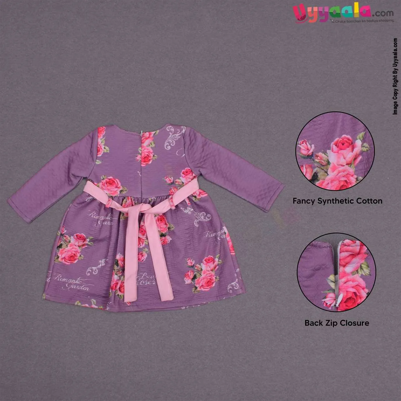 YELLOW DUCK Cotton full sleeve party wear frock for baby girl,back open zip model with bow applique- purple with roses and text print